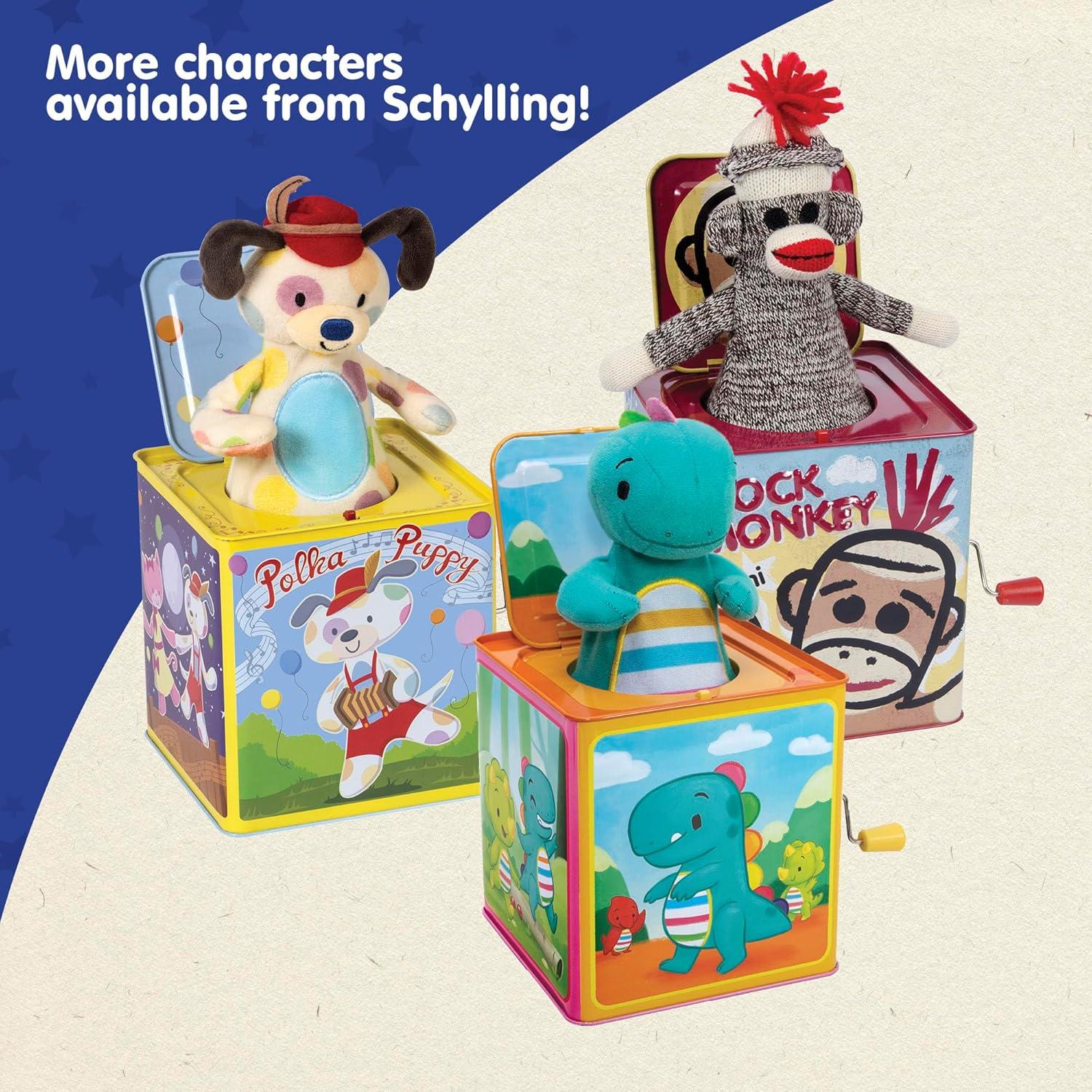 imageSchylling Jester Jack in the Box Classic Childrens Musical Toy Colorful and Durable Tin Box with Silly Jester Plush Age 18 months and Up