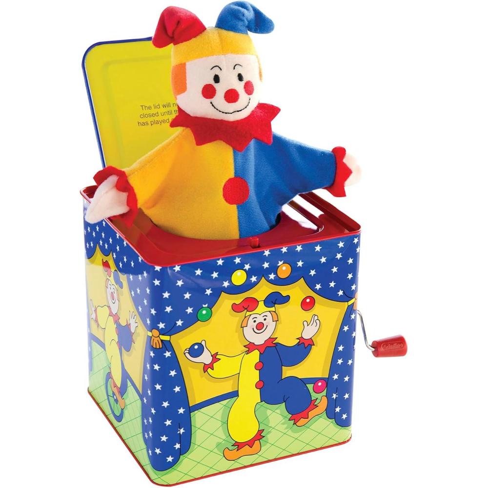 imageSchylling Jester Jack in the Box  Classic Childrens Musical Toy  Colorful and Durable Tin Box with Silly Jester Plush  Age 18 months and Up