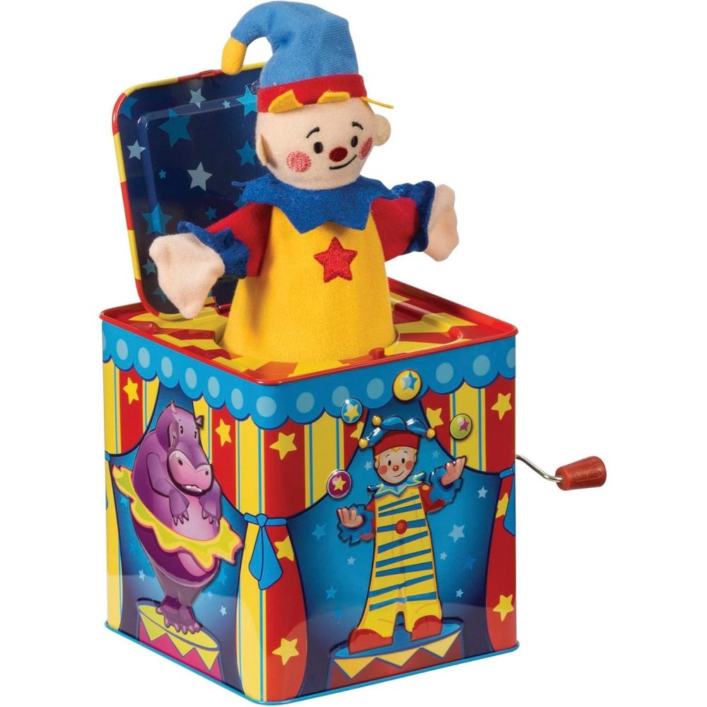 imageSchylling Silly Circus Jack in the Box Classic Childrens Musical Toy Colorful Embossed Tin Box and Friendly Plush Age 18 months and Up