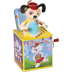 Schylling Polka Puppy Jack in the Box – Classic Children’s Musical Toy that Dances – Colorful Embossed Tin Box and Lovable Puppy Plush – Age 18 months and Up