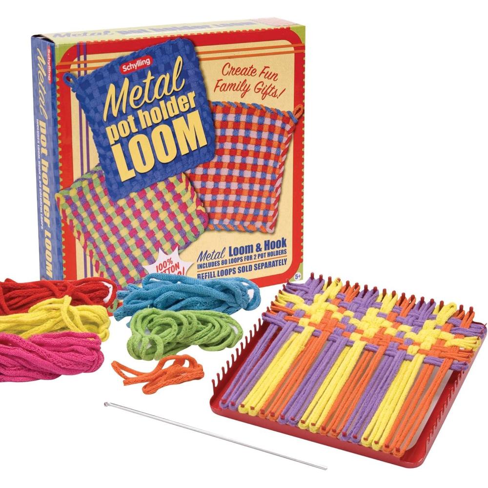 imageSchylling Metal Pot Holder Loom Kit  Classic Durable Weaving Frame to Make Pot Holders  Includes Loom Hook Instructions and 80 Colorful Cotton Loops  Ages 5 and Up