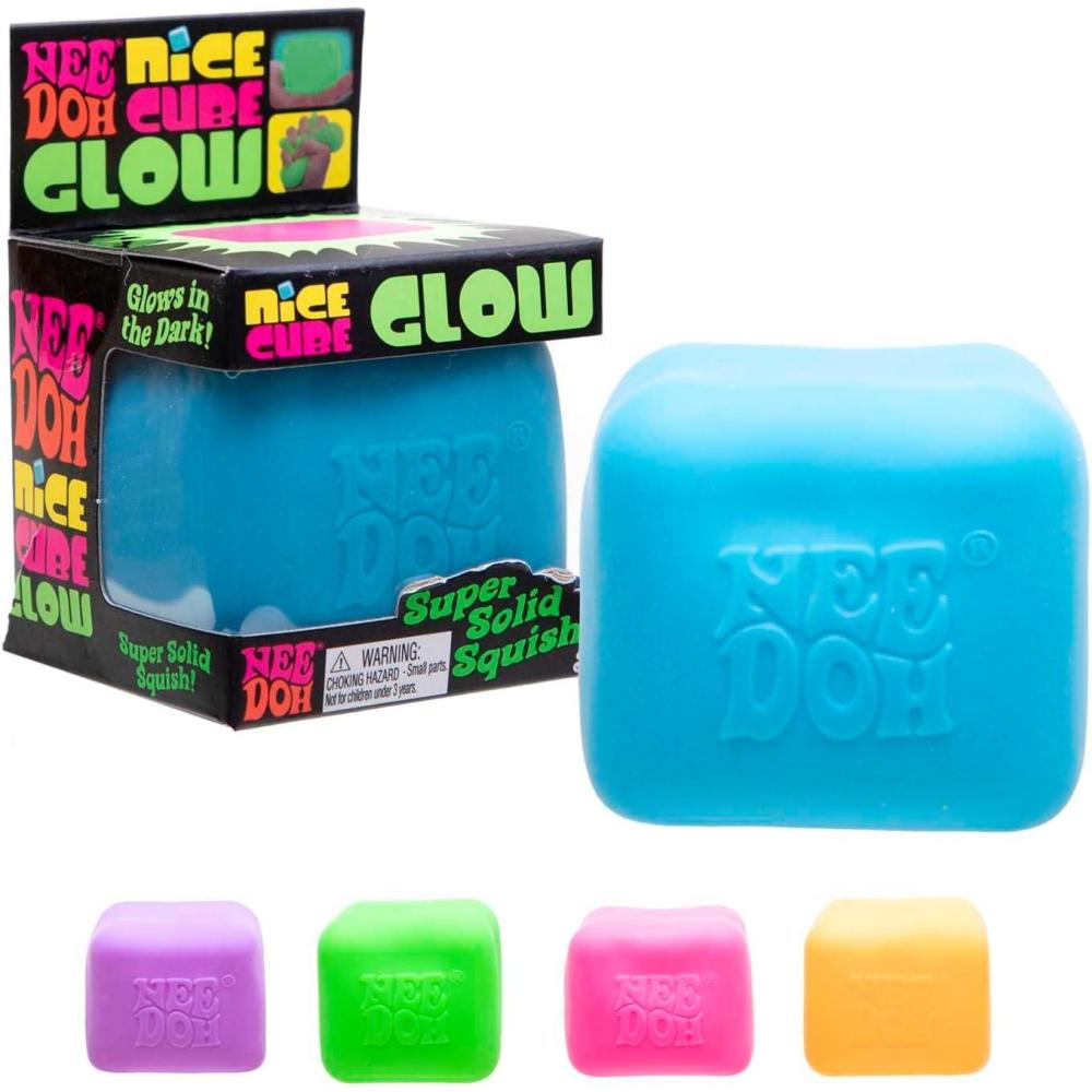 imageSchylling NeeDoh Nice Cube Glow Sensory Toy with a Super Solid Squish Glows in The Dark and Always Returns to its Square Shape Ages 3 and Up Color May Vary One Cube Per Pack