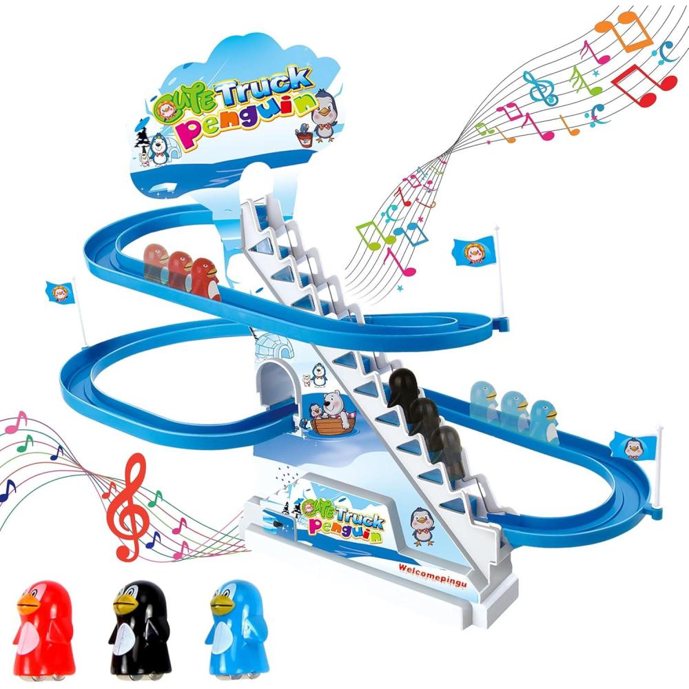 imageARSUK Penguin Race Game Toy Playful Musical Roller Coaster Track Playset with Music ampamp LED Flashing Lights OnOff Button for Toddlers and Kids Gift