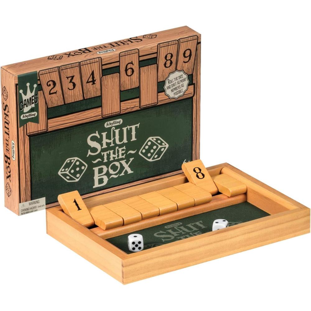 image:imageSchylling Shut the Box Family Game of Strategy and Chance Includes Collectible Wooden Game Box Felt Bottom Rounded Dice and Detailed Instructions Ages 6 and Up